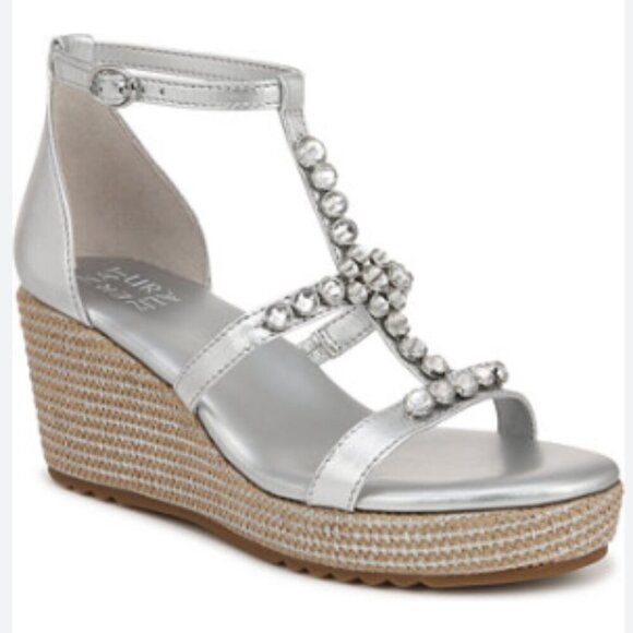 NEW Naturalizer Serena Wedge Sandals Silver Leather Upper 8 - Picture 1 of 8